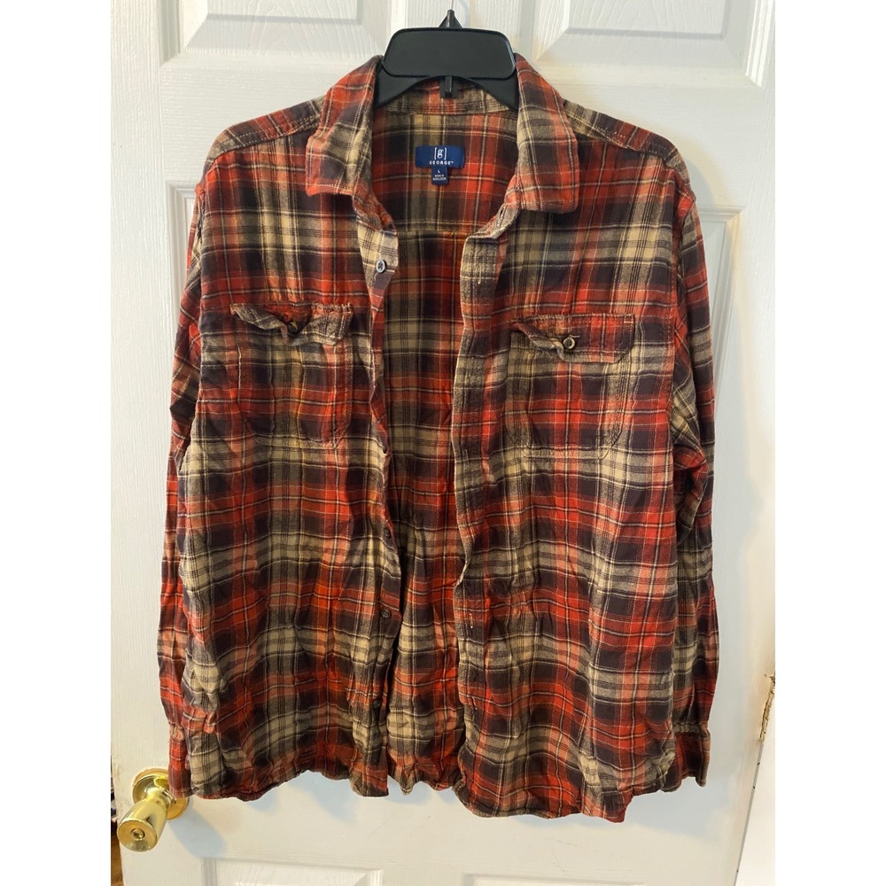 George Mens Large Red Brown Plaid Flannel Long Sleeve Button Down Shirt